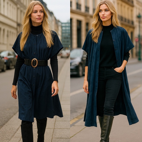 Vintage Jean Muir Blue Punched Suede Leather Coat Dress Rare England Sz 10 - Picture 4 of 14